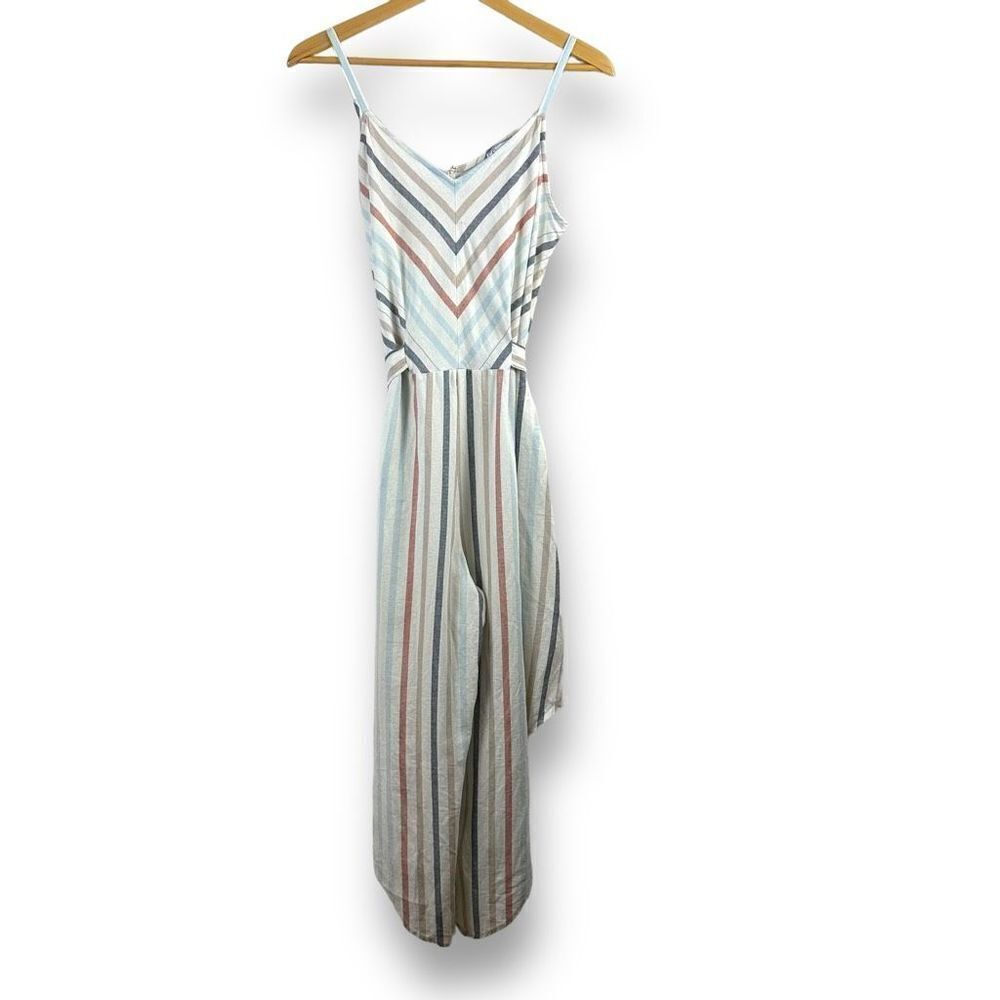 Everlily Women's Size L Cami Strap Wide‎ Leg Jumpsuit Neutral Stripe Linen Blend